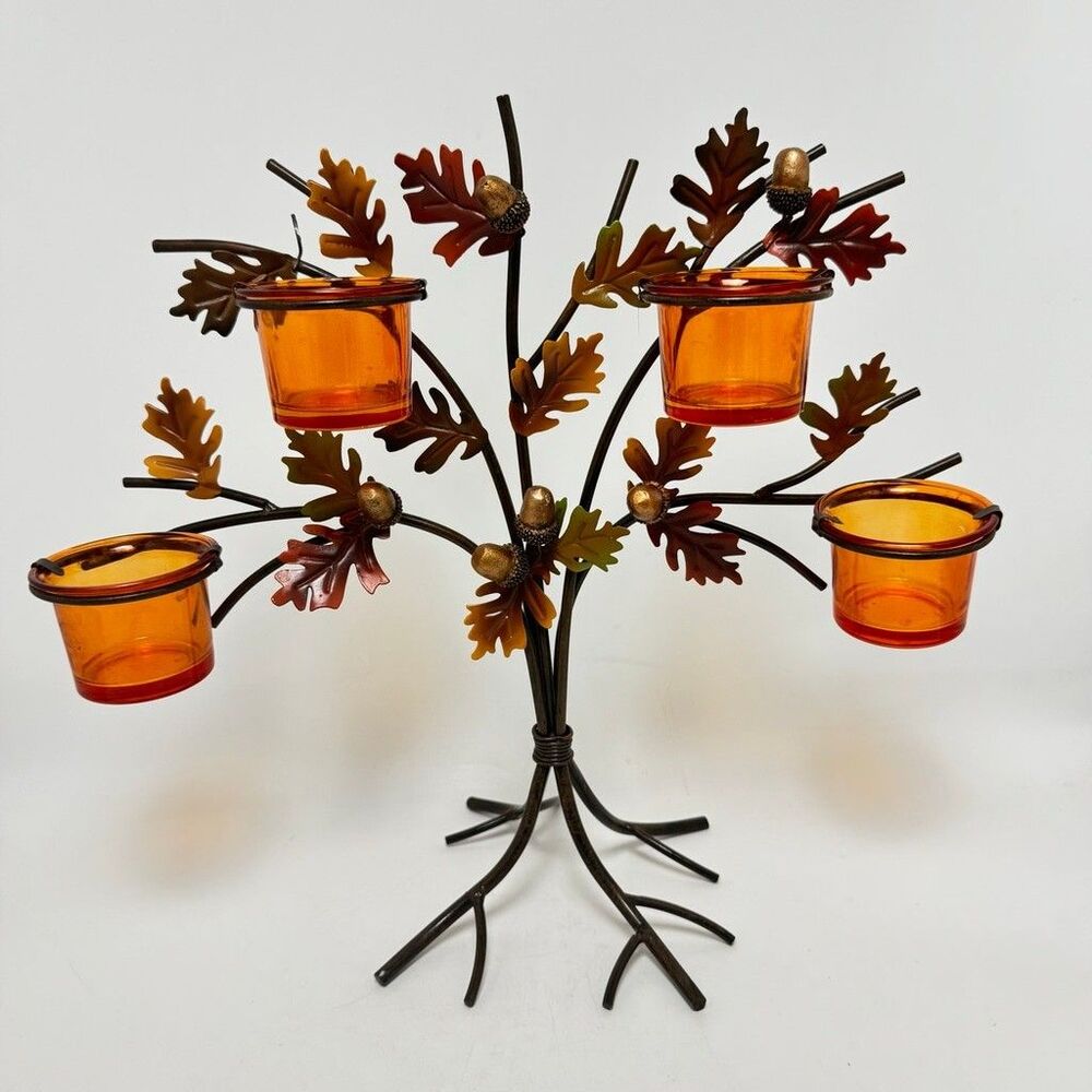 Metal Tree Votives Candle Holder With Orange Glass And Acorn Details